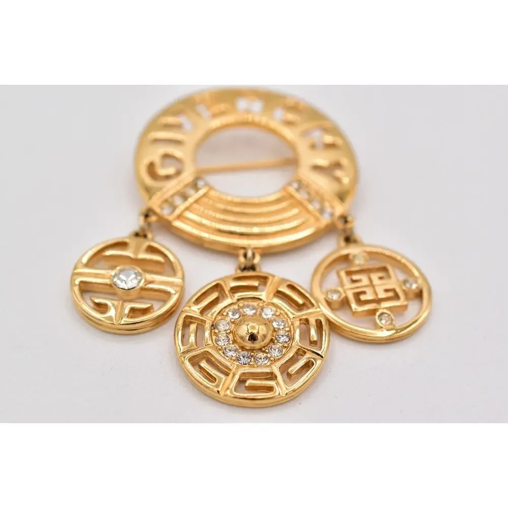 Givenchy Vintage Logo Charm Brooch Gold Pin Dangle Crystal Statement 1980s Bin5B - Picture 4 of 12